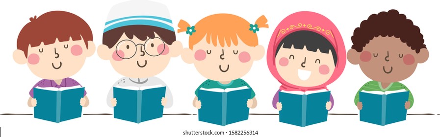 Illustration of a Diverse Group of Kids Reading a Book in a Row as Border