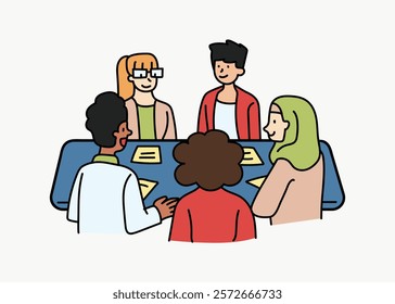 Illustration of diverse group meeting. Five people, various ethnicities, sitting around a table. Group discussion, teamwork, diverse meeting setting. Doodle vector illustration isolated on white.