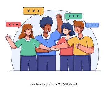 Illustration of a diverse group of people putting their hands together to symbolize solidarity in a team or community. 
Perfect for web, landing pages, social media, presentations, etc.