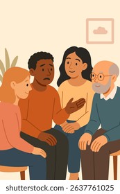 Illustration of a diverse group of people sitting in a circle, engaged in open conversation. Concept of support group, mental health awareness, community, and breaking the stigma