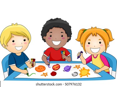 Illustration of a Diverse Group of Preschool Kids Drawing the Planets of the Solar System Together