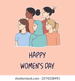 Illustration of a diverse group of women of different ethnicities standing together, smiling, and celebrating International Women's Day on a pastel pink background