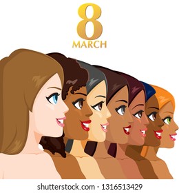 Illustration of diverse group of women faces side view 8 March concept