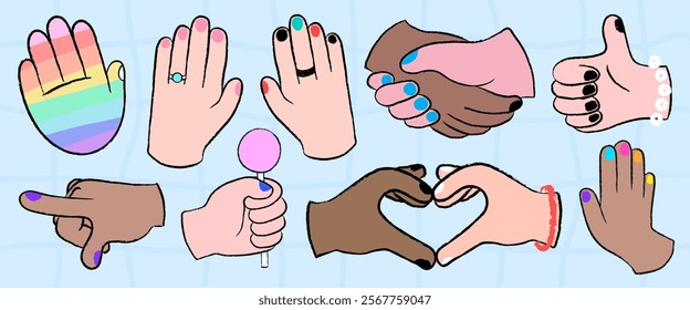 Illustration of diverse hands with colorful nails. Hands of different ethnicities and genders. Hands forming shapes, holding objects, and showing gestures. LGBTQ and diversity element vector set.