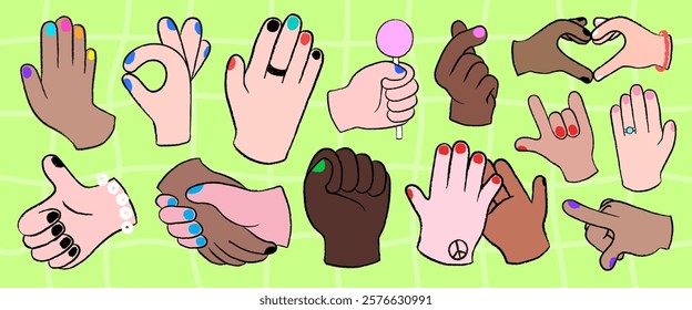 Illustration of diverse hands with colorful nails, gestures, and accessories. Various skin tones, playful hand gestures, and vibrant nail colors. Cute vector element set.