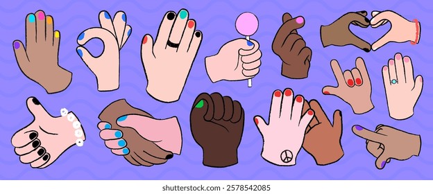 Illustration of diverse hands with colorful nails, peace signs, and gestures. Hands of various ethnicities showing unity, diversity, and expression. LGBTQ and diversity element vector set.