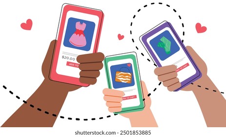Illustration of diverse hands holding smartphones with shopping apps, representing online shopping, mobile commerce, and digital retail.

