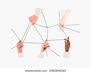 Illustration of diverse hands holding strings, forming a web. Hands of different skin tones, showing teamwork and connection. Strings and hands symbolize unity. Vector isolated on white.colours; conne