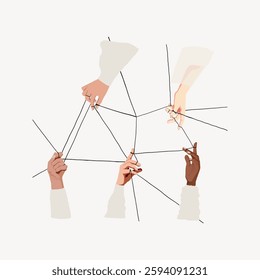 Illustration of diverse hands holding strings, symbolizing teamwork and connection. Various skin tones highlight unity and collaboration. Abstract and minimal design. Vector illustration.