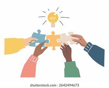 Illustration of diverse hands placing puzzle pieces together to symbolize teamwork and shared ideas with a light bulb.