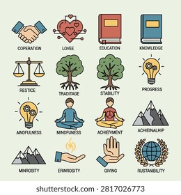 Illustration of diverse icons symbolizing cooperation love education knowledge nestle tradition stability progress anxiety mindfulness achievement adventure giving sustainability