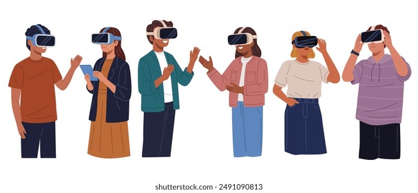 Ilustración de diversas personas usando auriculares de realidad virtual, con sus manos haciendo gestos en el aire.