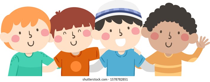 Illustration of Diverse Kids in a Group and Friendly Hug with One Kid Boy Wearing a Taqiyah