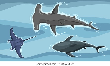 Illustration of diverse marine animals swimming together