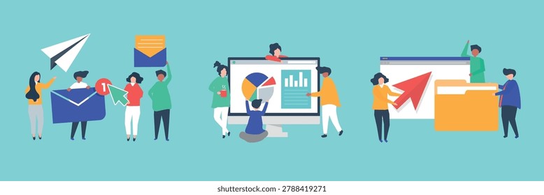 Illustration of diverse people collaborating on digital tasks, including sending emails, analyzing data, and organizing files, against a blue background. Vector set.