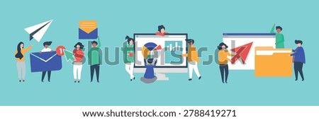 Illustration of diverse people collaborating on digital tasks, including sending emails, analyzing data, and organizing files, against a blue background. Vector set.
