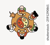 Illustration of diverse people and a dog around a round table with a yin-yang design. Top view of a diverse group enjoying a meal together with a pet dog. Vector illustration.