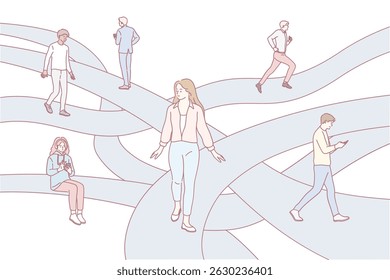 An illustration of diverse people navigating intertwined routes, symbolizing the choices and connections in life