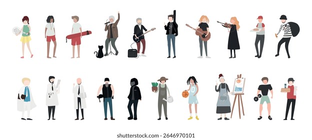 Ilustração de pessoas diversas em várias profissões, incluindo músicos, artistas e cientistas, mostrando diferentes atividades e papéis na sociedade. Vetor de elemento definido.
