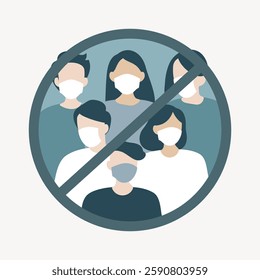 Illustration of diverse people wearing masks, symbolizing a prohibition. Group of masked individuals, diverse group, no entry sign, masks emphasized. Vector illustration.