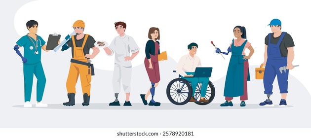 Illustration of diverse professionals with disabilities, including a doctor, construction worker, chef, artist, office worker, and technician, representing inclusion and accessibility in various caree