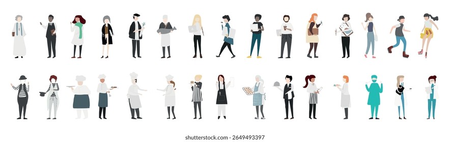 Illustration of diverse professionals, men and women, in various occupations like chef, doctor, and teacher, showcasing a range of careers and attire. Element vector set.