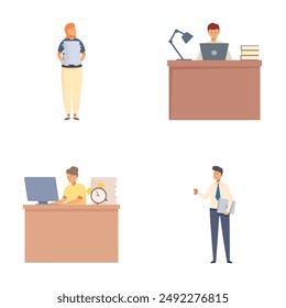 Illustration of diverse professionals in various work environments, using computers and managing documents