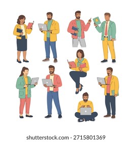 Illustration of diverse professionals working on laptops and reading documents together