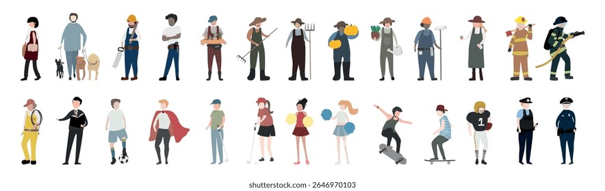 Illustration of diverse professions: chef, firefighter, police, and more. Men and women in various roles, showcasing diversity in occupations and careers. Element vector set.