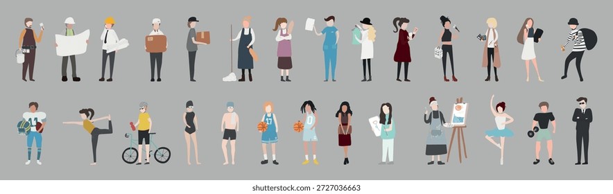 Ilustração de diversas profissões: chefs, médicos, artistas, atletas e muito mais. Homens e mulheres em vários papéis, mostrando diferentes carreiras e atividades. Vetor de elemento definido.