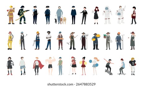 Illustration of diverse professions: firefighters, police, astronauts, farmers, athletes, and more. Men and women in various occupational roles and uniforms. Element vector set.