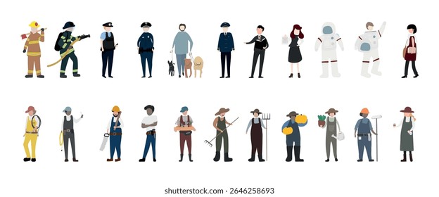 Ilustração de diversas profissões, incluindo bombeiro, polícia, astronauta, agricultor e chef. Apresenta vários uniformes e ferramentas que representam cada ocupação. Vetor de elemento definido.
