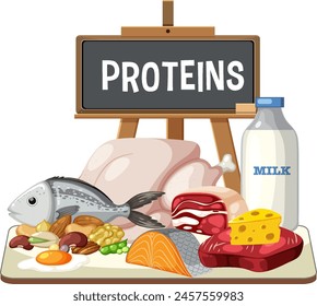 Illustration of diverse protein-rich foods on a table.