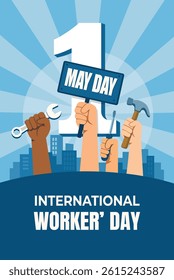 Illustration of diverse raised hands holding tools in celebration of May Day. A symbol of labor power, unity, and global solidarity in a clean flat design.
