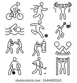 Illustration of diverse sports icons including cycling, swimming, weightlifting, and martial arts—ideal for fitness, training, or athletic-themed designs.