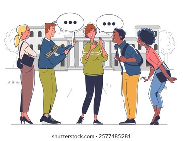 Illustration of diverse students chatting with speech bubbles outdoors, in casual attire, standing in front of a campus building. Concept of communication and education. Vector illustration