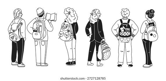 Illustration of diverse students seen from back carrying backpacks. Black and white line art style. Ideal for educational and youthfocused themes.