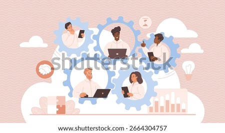 Illustration of a diverse team collaborating within interconnected gears. Symbolizing teamwork, communication, and the synergy of skills for productivity and innovation in a professional environment.