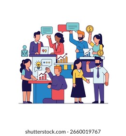 Illustration eines vielfältigen Teams, das in Zusammenarbeit tätig ist und die Innovation und Kommunikation der Geschäftsstrategie in einem modernen Unternehmensumfeld mit Finanzanalyse präsentiert