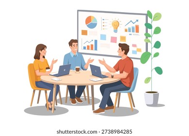 Illustration Diverse team of professionals engaging in a collaborative meeting around a table, using laptops and a large whiteboard filled with data charts and creative ideas.