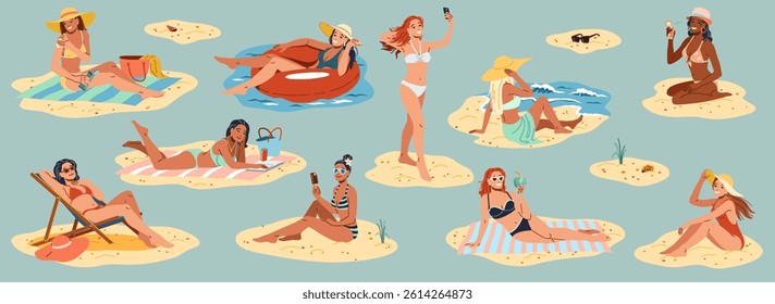 Illustration of diverse women enjoying leisure time on small sandy islands relaxing with drinks and phones showcasing summer fashion and joy in sunny weather.
