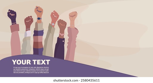 Illustration of diverse women raising fists. Diversity - inclusion - equality - girl power or empowerment concept. International women s day. Banner copy space