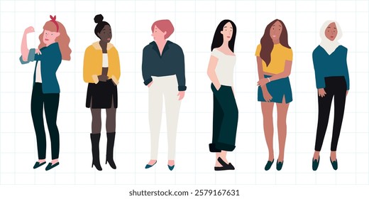 Illustration of diverse women: redhead, Black, Asian, and hijabi. Women in various outfits, diverse styles, diverse ethnicities, diverse expressions. People illustrations, isolated element vector set.