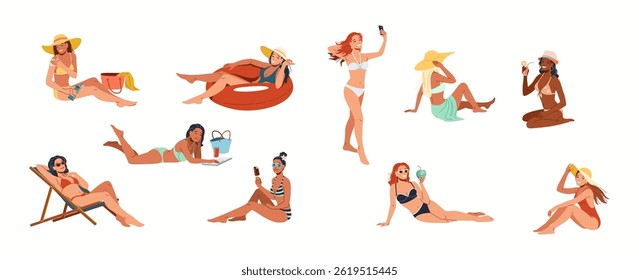 Illustration of diverse women relaxing and enjoying summer on the beach. They engage in various activities such as sunbathing, taking selfies, and having refreshing drinks.