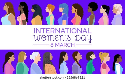 Illustration of diverse women of various ethnicities and ages standing in profile to celebrate International Women’s Day on March 8.