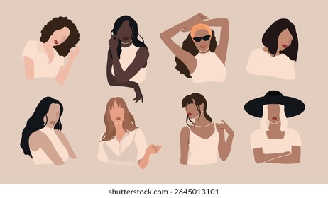 Illustration of diverse women in various poses. Women with different hairstyles and outfits. Diversity and style are key themes in this women-focused art. Vector illustration element set.