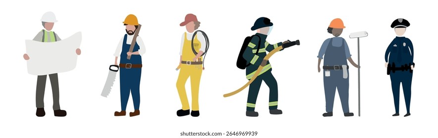 Illustration of diverse workers: engineer, construction, painter, firefighter, and police. Each worker is depicted with tools, showcasing various professions. Element vector set.