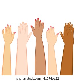 Illustration Of Diversity Hands Of Different Skin Tones Raised Up