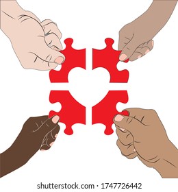 Illustration of diversity of races, message we are all equal, hands putting together a heart with pieces of red color. Decoration on paper, advertising, prints on fabric, web.