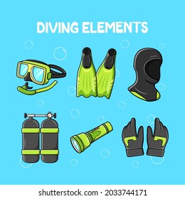 Illustration of diving elements set. Diving equipment for your design on the summer holiday. Diving gear illustration vector. 
